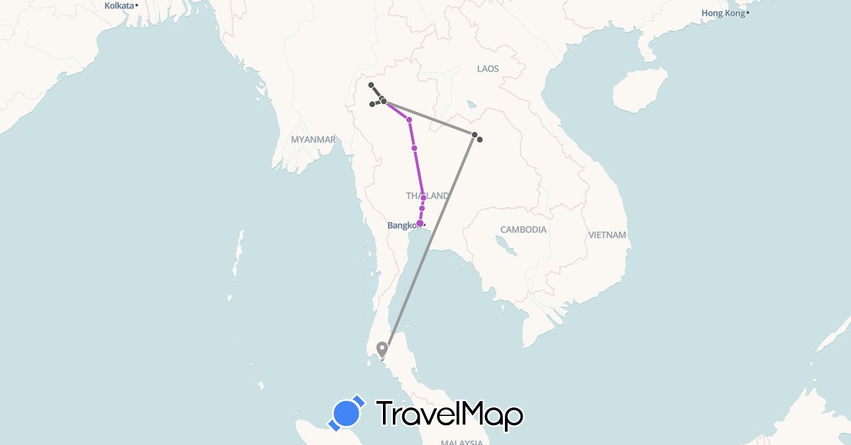 TravelMap itinerary: driving, plane, train, motorbike in Thailand (Asia)